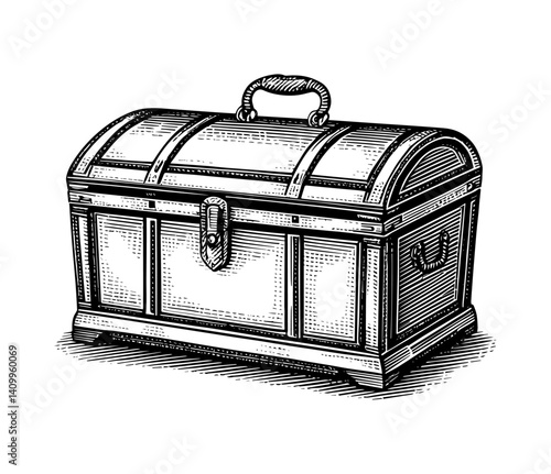 Closed wooden chest with curved lid in black and white engraving style, vintage