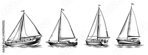 Sailboats on water in black and white in vintage style.