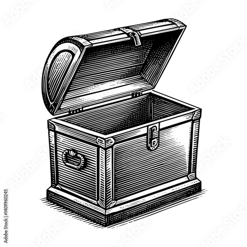 Open antique wooden chest in black and white in woodcut style.