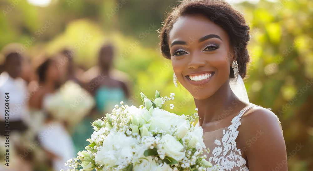 Noiva segurando um buquê de flores brancas e sorrindo alegremente para a câmera durante a cerimônia de casamento ao ar livre. Noiva segurando um buquê de flores brancas e sorrindo alegremente para a câmera durante a cerimônia de casamento ao ar livre.