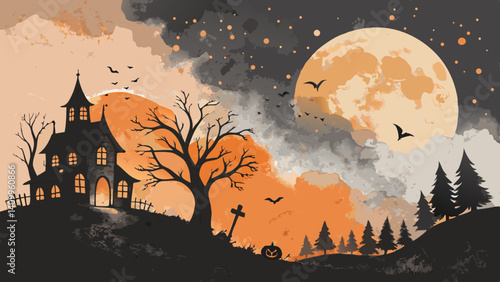 *Abstract Watercolor Background in Soft Black & Orange Washes with Haunted House & Moon Silhouettes – Mysterious Halloween Design with Copy Space*  
