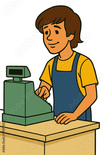 Young adult smiling while operating a cash register in a store  