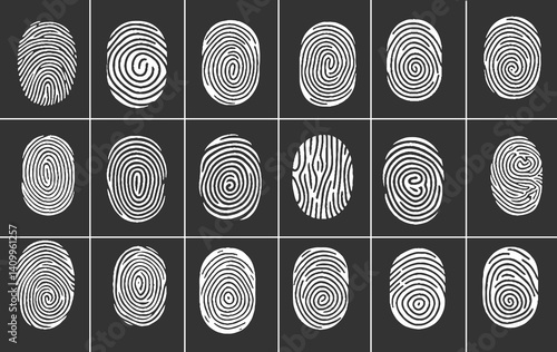 Fingerprint icons. Human thumbprint and finger print icons for security and investigation, biometric id protection and privacy. Vector flat collection stock illustration.