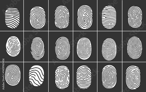 Fingerprint icons. Human thumbprint and finger print icons for security and investigation, biometric id protection and privacy. Vector flat collection stock illustration.