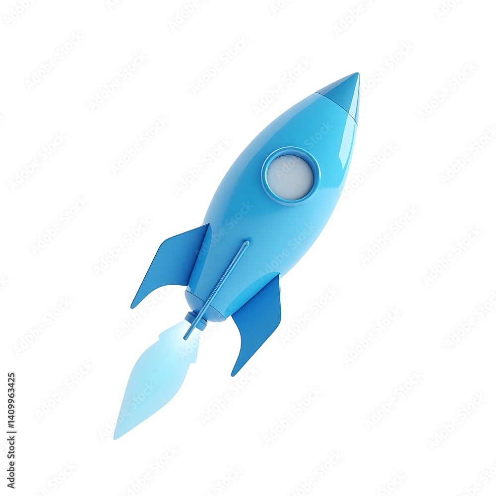 Fototapeta premium Blue Rocket Icon 3D Model Startup Launch White Background