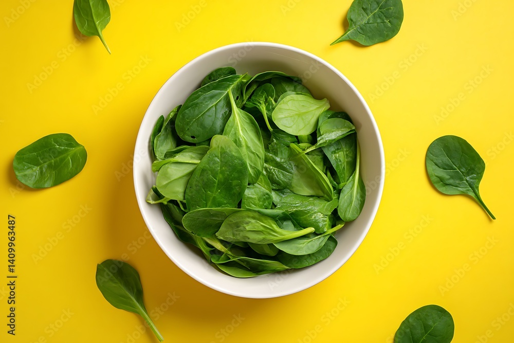 Obraz premium Yellow Background Baby Spinach White Bowl Flat Lay Text Space Design 