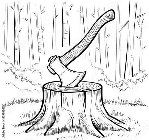 Axe in Tree Stump Line Drawing, Forest Lumberjack Sketch Illustration
