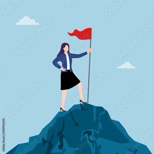 Woman raising flag on hilltop - Successful businesswoman planting waving flag outdoors in nature. female success, achievement, career goals, and conquer adversity concept. Vector illustration.