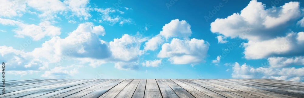 A stunning view of a bright blue sky filled with fluffy clouds over a wooden surface. This tranquil scene evokes feelings of peace and relaxation. Perfect for nature themes. A stunning view of a bright blue sky filled with fluffy clouds over a wooden surface. This tranquil scene evokes feelings of peace and relaxation. Perfect for nature themes.