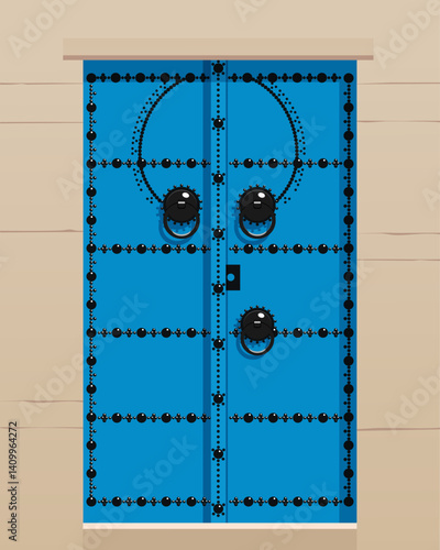 Decorated blue Tunisian door in Sidi Bou Said town. Blue traditional door in North Africa. Vector illustration