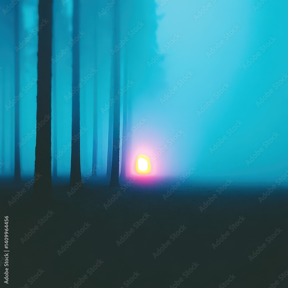 Fototapeta premium Moody landscape of pine forest during sunset, orange glow and mist