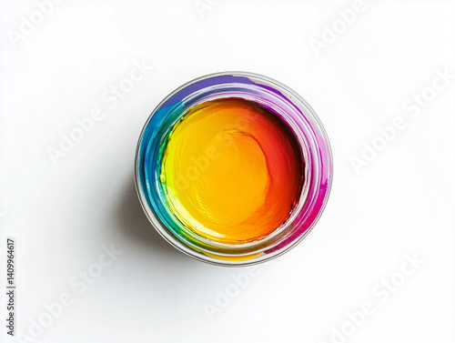 Isolated colorful gouache paint in a glass jar shows vibrant red, yellow, blue, and green liquid art