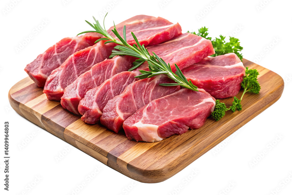 raw sliced meat on wooden cutting board isolated on white background PNG.AI GENERATED raw sliced meat on wooden cutting board isolated on white background PNG.AI GENERATED