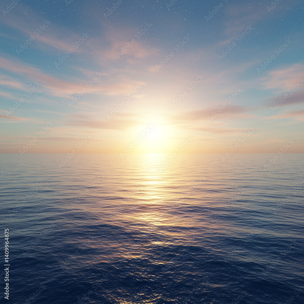 Fototapeta premium Serene Sunset or Sunrise Over Calm Ocean Water Reflection