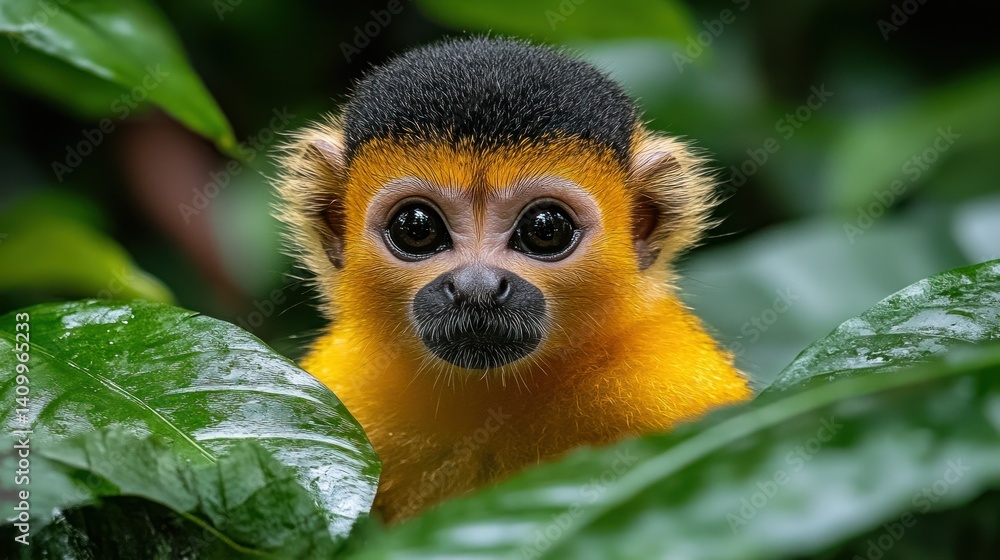 Golden monkey face in jungle foliage Golden monkey face in jungle foliage