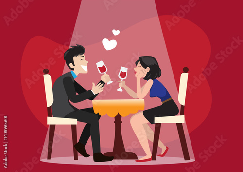 Romantic dinner for two Men and women holding glasses chatting happily. vector illustration
