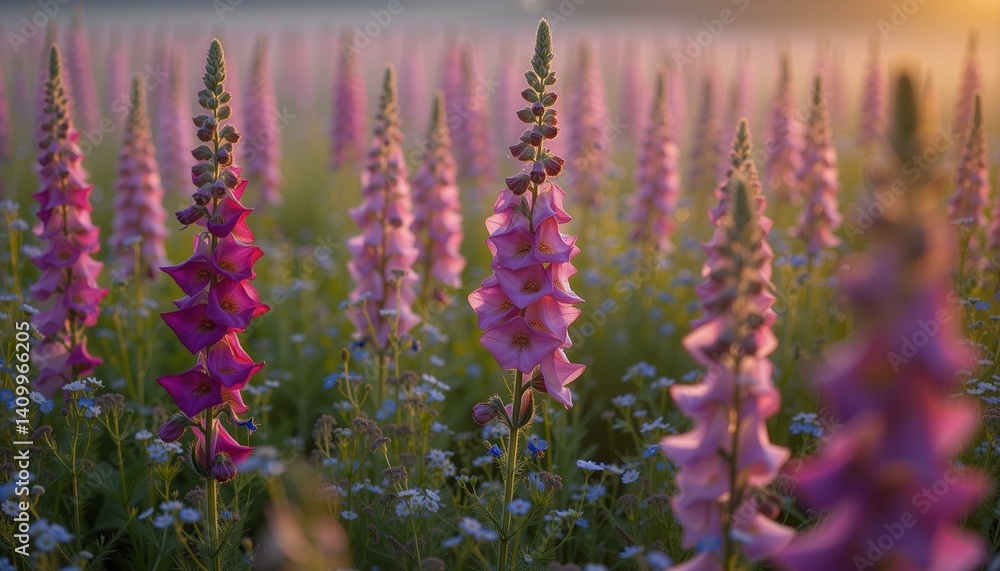 Obraz premium Lush field of foxgloves and forget-me-nots bathed in soft golden light, tranquil scene.