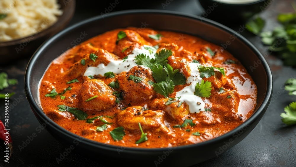 Bowl of orange chicken curry with cilantro and cream on dark background. Bowl of orange chicken curry with cilantro and cream on dark background.