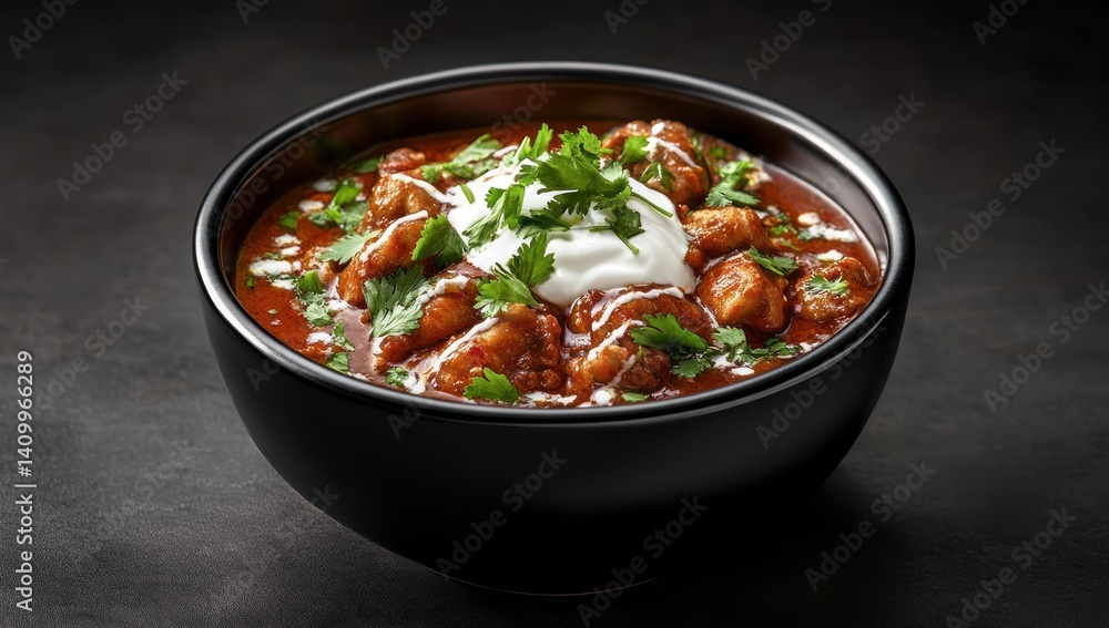 Bowl of stew with cream and herbs on a dark surface. Bowl of stew with cream and herbs on a dark surface.