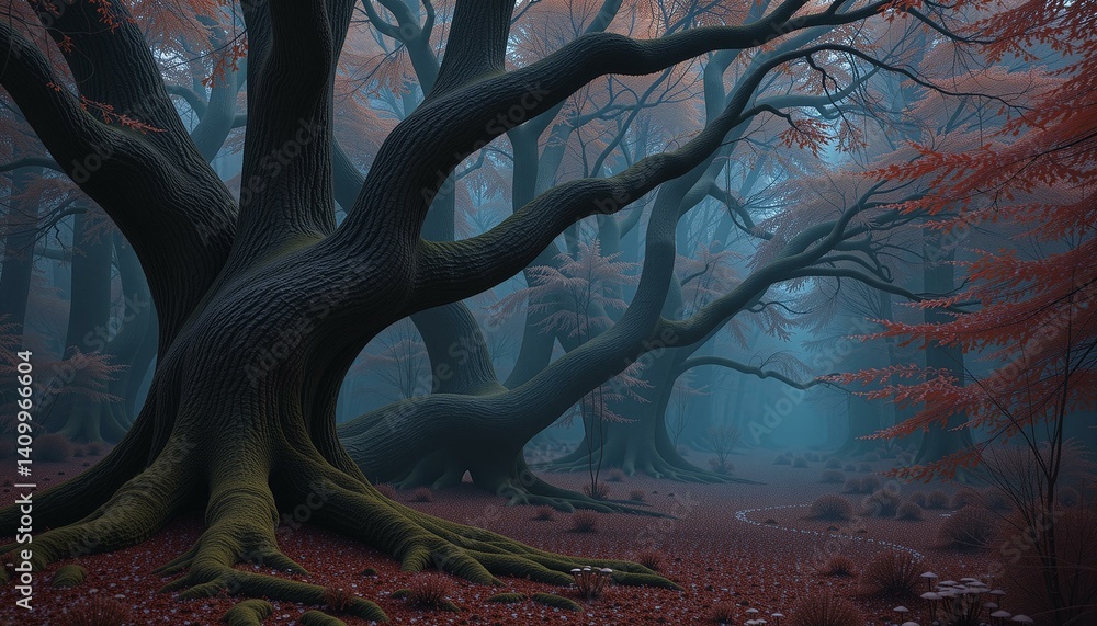 Naklejka premium Ancient ironwood trees intertwine in a twilight forest, moss, lichen, mushrooms, and colorful leaves abound.