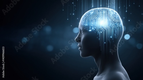 A futuristic representation of a human head with a digital brain, showcasing technology and artificial intelligence in a dark, glowing environment.