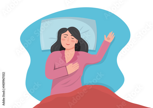 happy girl with sweet dreams The girl lay on the bed under a soft duvet. and sleep healthy. flat vector illustration