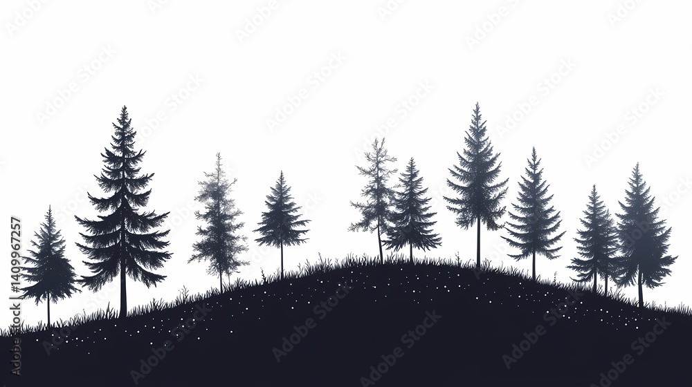 Obraz premium Silhouetted Pine Trees Against Scenic Sunset in Tranquil Forest Landscape - Silhouette Art of Vibrant Evergreen Hills