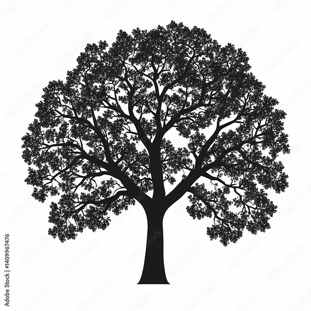 Fototapeta premium Black Silhouette of Oak Tree Vector. Eco-Friendly Nature Illustration in Woodland Foliage Art