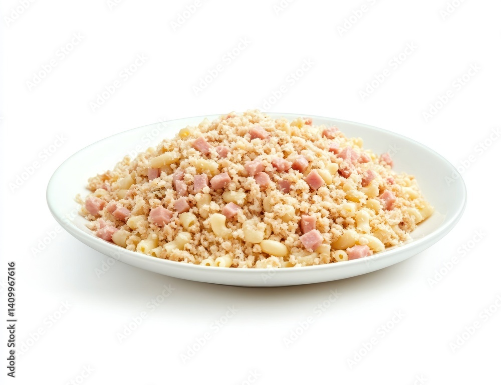 Small white plate with a pile of beige and pink crumbled food. Small white plate with a pile of beige and pink crumbled food.
