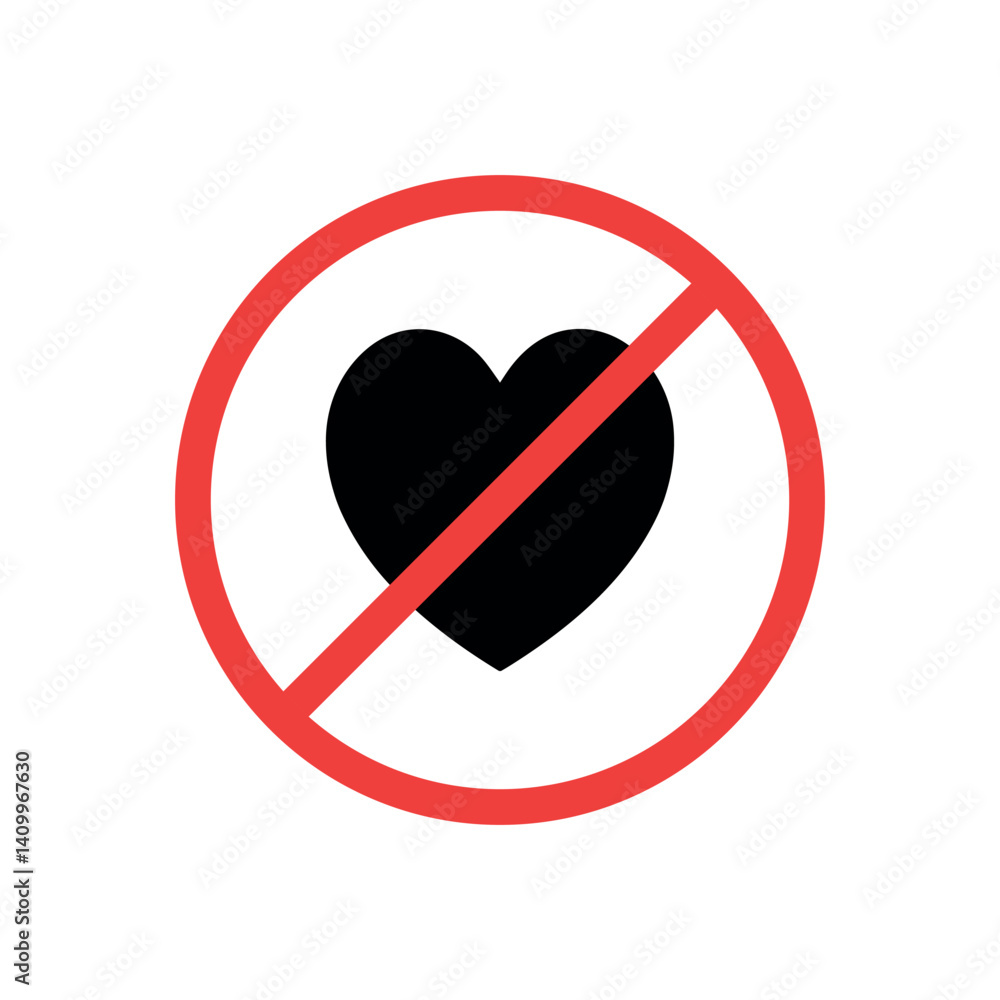 No Love Symbol, No Heart, Dislike, Forbidden Icon with Prohibition Sign. No Love Symbol, No Heart, Dislike, Forbidden Icon with Prohibition Sign.