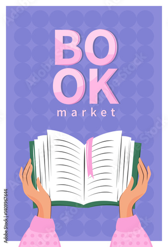 Design banner for bookstore, library, sale in bookshop. Book market. Vector illustration for poster, cover, marketing.