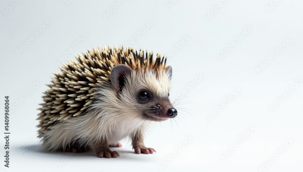 Fototapeta premium A solitary hedgehog against a stark white backdrop, displaying its spines , white background hedgehog, small animal, hedgehog spines