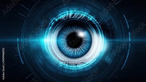 A futuristic digital eye with vibrant blue tones, surrounded by glowing lines and patterns, symbolizing technology and vision.
