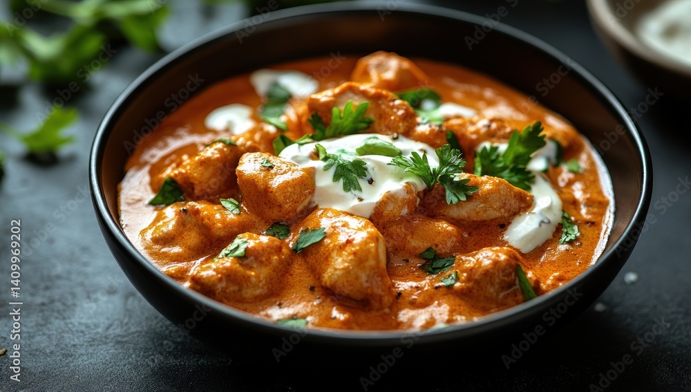 Bowl of orange creamy curry with meat and herbs on a dark surface. Bowl of orange creamy curry with meat and herbs on a dark surface.