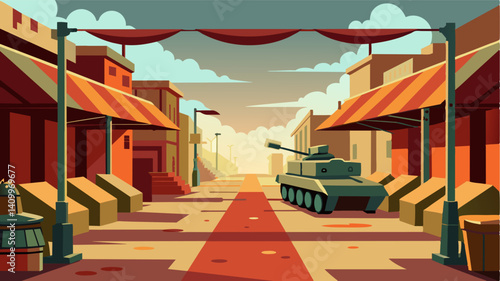 The deserted market was a stark contrast to the lively scene it once was. Now the silence was only broken by the occasional rumble of a passing tank.. Vector illustration