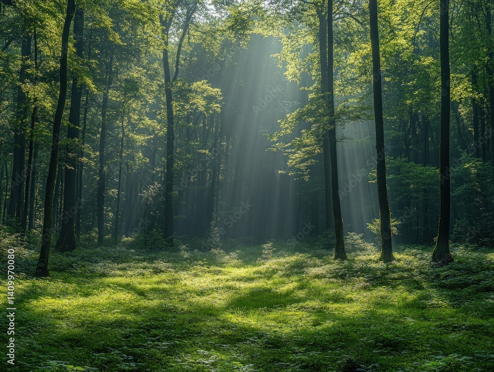 Fototapeta premium Forest with tall trees and sunlight shining through the leaves on the ground.