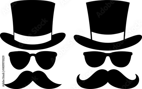 Top hat and sunglass with a mustache art vector and Set of black vector logo icon silhouette collections