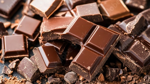 close up chocolate bar candy of pieces on dark background