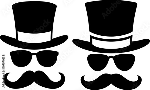 Top hat and sunglass with a mustache art vector and Set of black vector logo icon silhouette collections