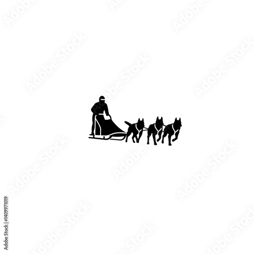 Dog sled racer guiding a team of dogs across the snow  