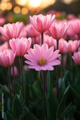 Pink flowers bloom in a field with a blurred background at sunset.