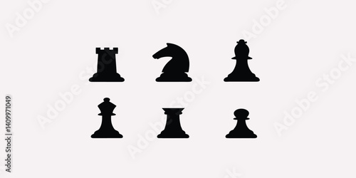 Print  Set of chess vector icons. Black silhouette with chess. King, queen, pawn, horse and rook