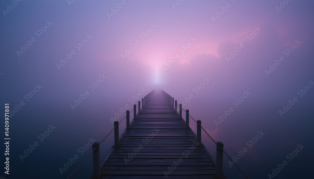 Fototapeta premium Misty Dawn: Wooden Pier Vanishing into Lavender Haze