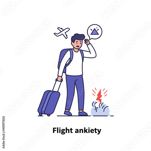 Man showing flight anxiety while holding suitcase and backpack  