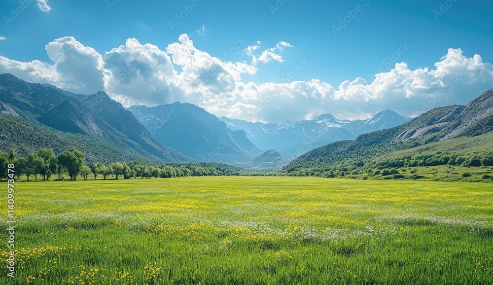 Obraz premium Lush Green Meadow with Yellow Wildflowers Framed by Majestic Mountains Under a Bright Blue Sky with White Clouds Nature Landscape