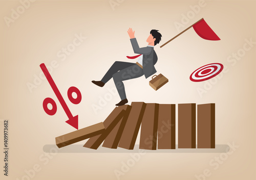 Interest rates and inflation affect the economy and investment markets, the percentage mark falls to make the domino collapse, causing the businessman investors to fall.