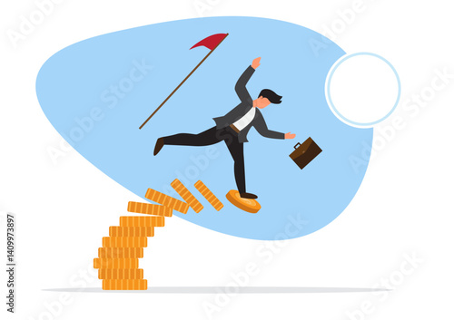 uncertain investment market risky situations or economic recession, crisis or bankruptcy Businessman investor falling from unstable pile of coins