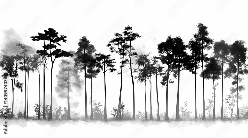 Fototapeta premium Tranquil Tree Silhouette. Atmospheric Black and White Forest Scene in Foggy Woodland