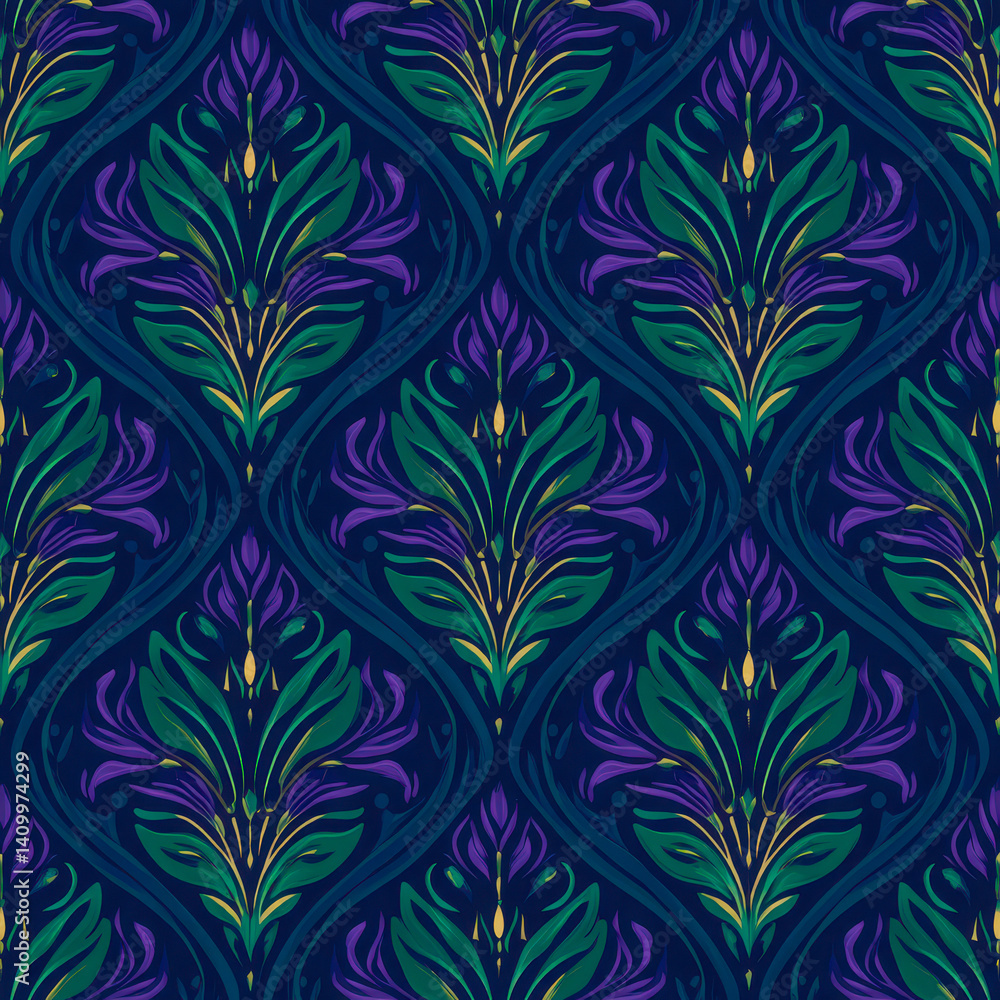 A blue and purple floral patterned fabric with gold accents A blue and purple floral patterned fabric with gold accents