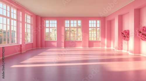 Bright Pink Room with Large Windows and Floral Accents Interior